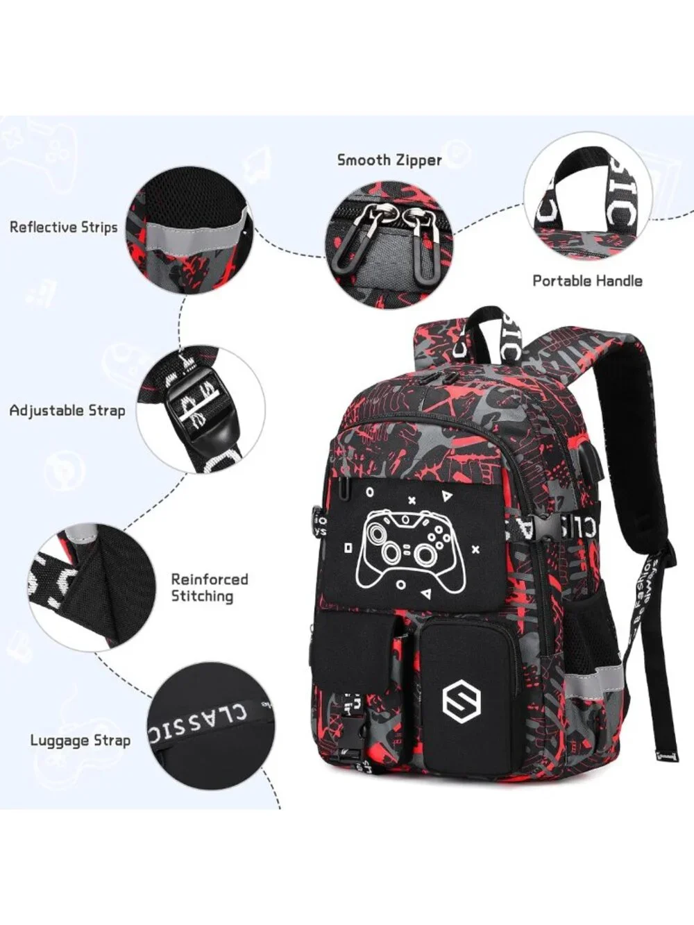 Cool Luminous Boys Backpack Set with Lunch Bag & Pencil Case, USB Charging Port